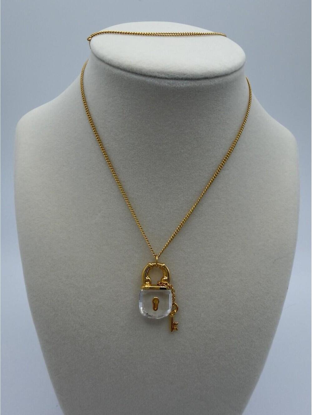 Authentic Swarovski Crystal Lock & Key Gold-Tone Pendant Necklace 21 inch Chain